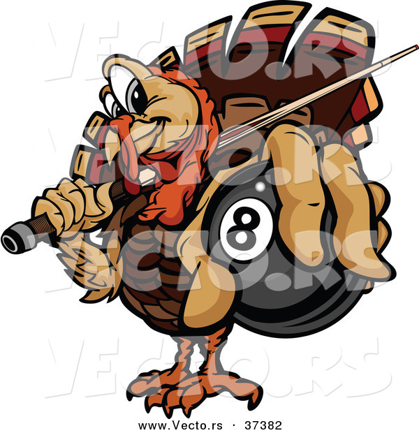 Vector of a Cartoon Turkey Mascot Holding out a Billiards Eight Ball