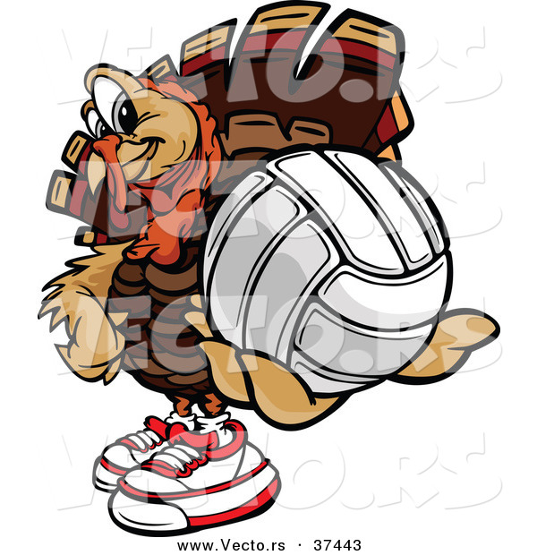 Vector of a Cartoon Turkey Mascot Holding out a Volleyball