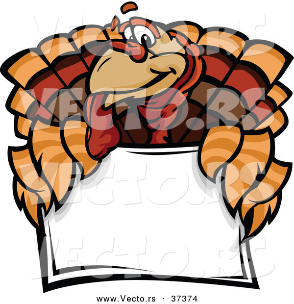 Vector of a Cartoon Turkey Mascot over a Sign