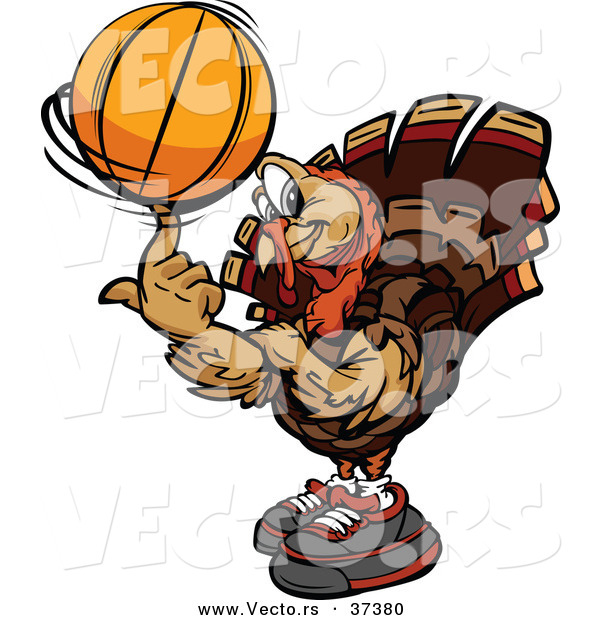Vector of a Cartoon Turkey Mascot Spinning a Basketball
