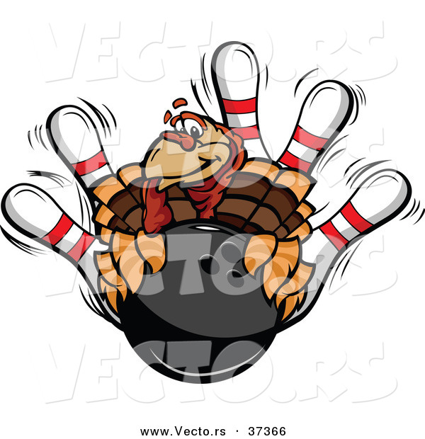 Vector of a Cartoon Turkey Mascot with a Bowling Ball and Pins