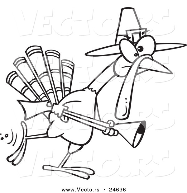 Vector of a Cartoon Turkey Pilgrim Hunting - Outlined Coloring Page