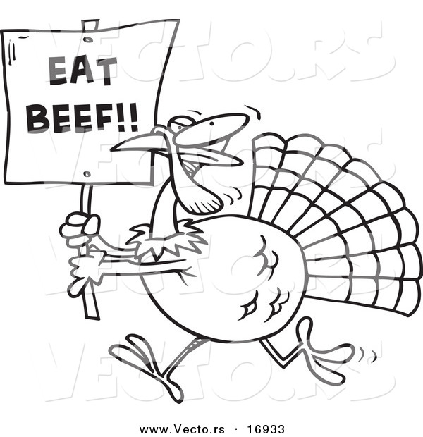 Vector of a Cartoon Turkey with an Eat Beef Sign - Coloring Page Outline