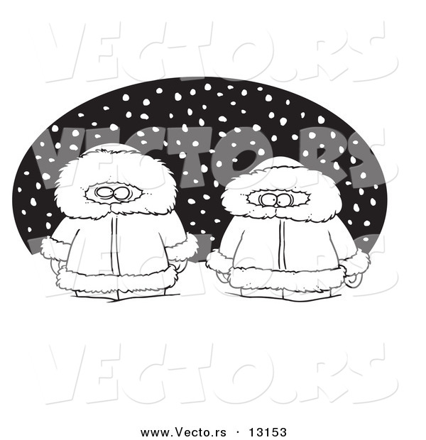 Vector of a Cartoon Two Alaskans in the Snow over a Black Oval - Coloring Page Outline