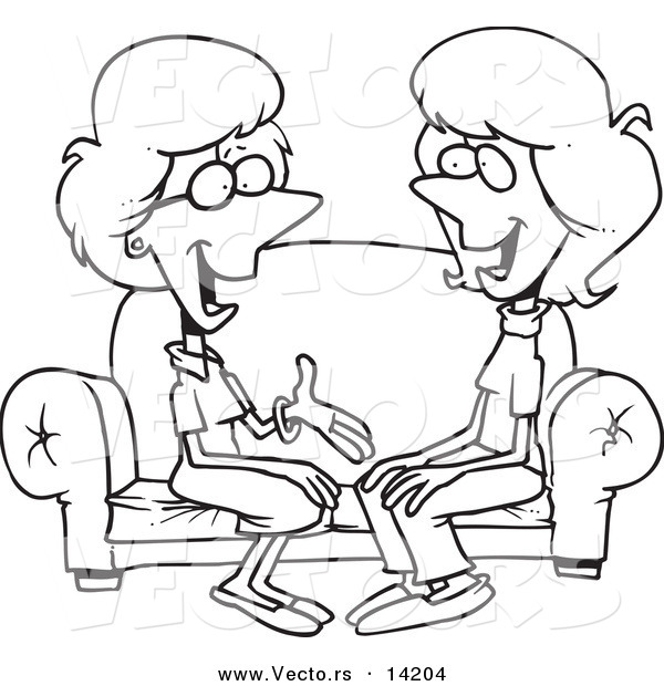 Vector of a Cartoon Two Talkative Women Sitting on a Sofa - Coloring Page Outline