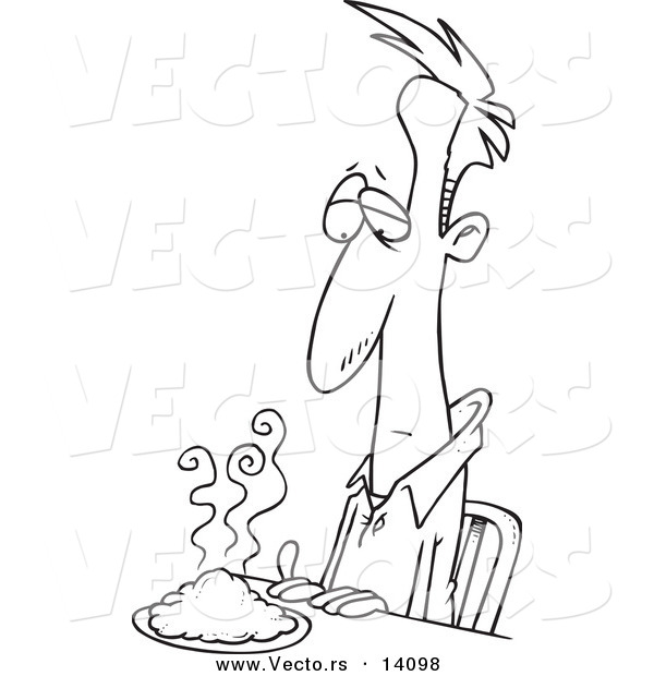 Vector of a Cartoon Uncertain Man Looking at Green Food on His Plate - Coloring Page Outline