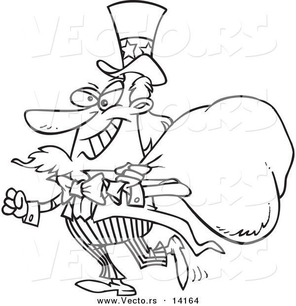 Vector of a Cartoon Uncle Sam Grinning and Carrying a Money Bag over His Shoulder - Coloring Page Outline