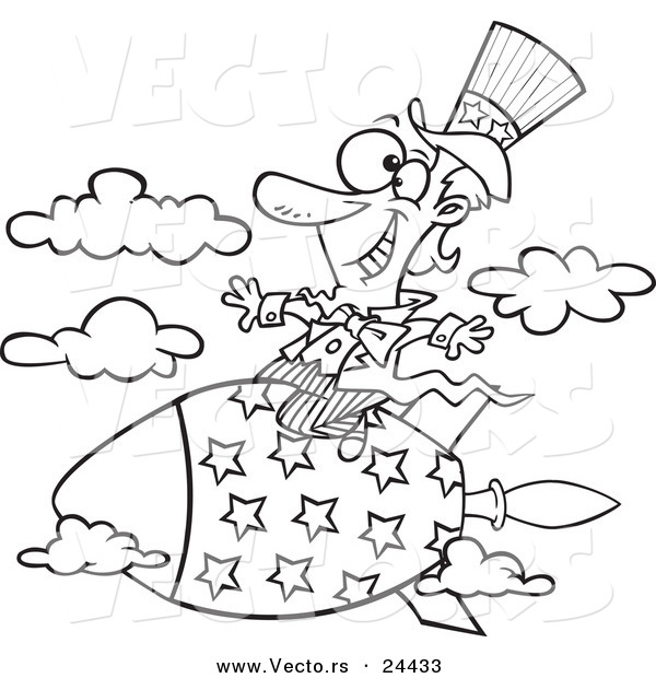 Vector of a Cartoon Uncle Sam Riding a Rocket - Outlined Coloring Page