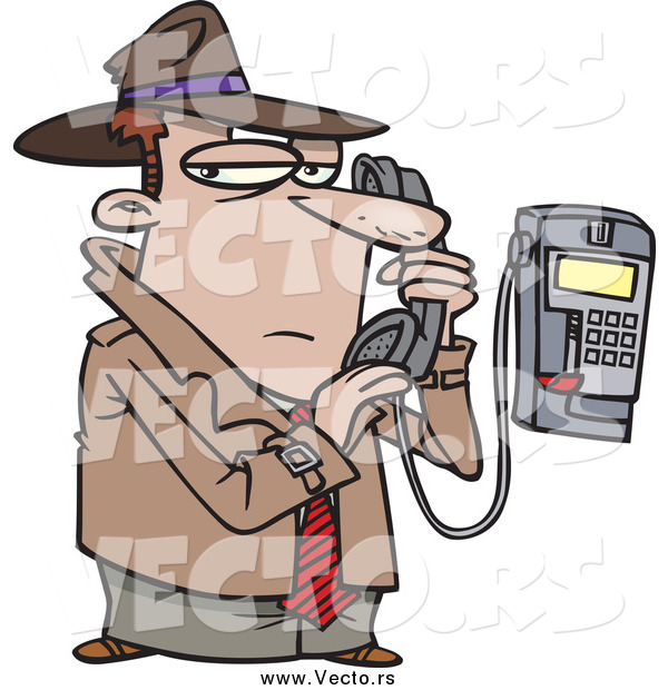 Vector of a Cartoon Undercover Detective Talking Secretively on a Telephone