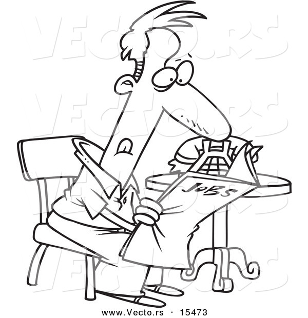 Vector of a Cartoon Unemployed Man Searching for Jobs in the Newspaper - Coloring Page Outline