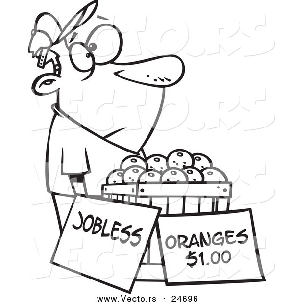 Vector of a Cartoon Unemployed Man Trying to Sell Oranges - Outlined Coloring Page
