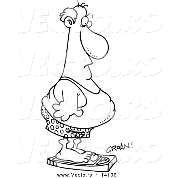 Vector of a Cartoon Unfit Man Standing on a Groaning Scale - Coloring Page Outline