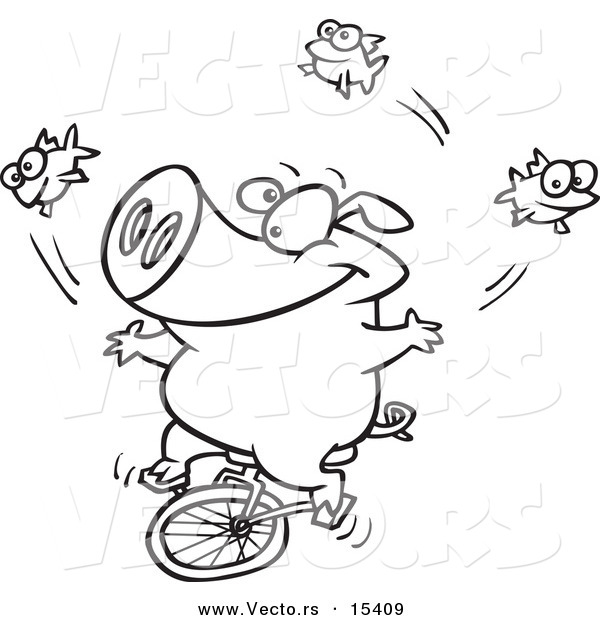 Vector of a Cartoon Unicycling Pig Juggling Fish - Coloring Page Outline