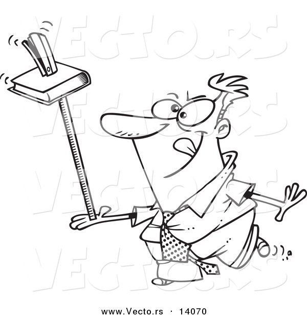 Vector of a Cartoon Unproductive Businessman Balancing a Book and Stapler on a Ruler - Coloring Page Outline