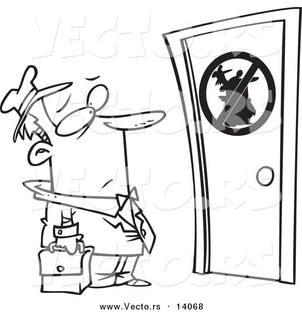 Vector of a Cartoon Unwelcome Salesman Standing at a Door - Coloring Page Outline