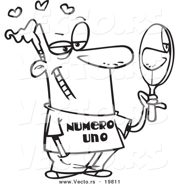 Vector of a Cartoon Vain Man Staring at His Reflection in a Mirror - Outlined Coloring Page