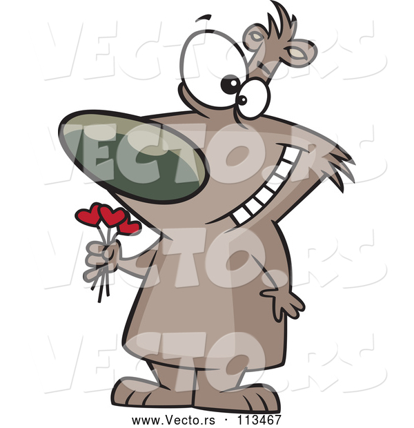 Vector of a Cartoon Valentines Day Bruin Brown Bear Holding a Heart Bouquet