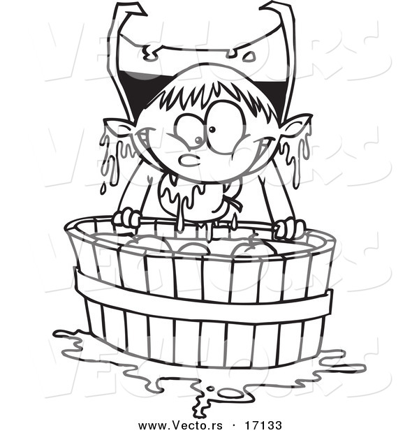 Vector of a Cartoon Vampire Bobbing for Apples - Coloring Page Outline