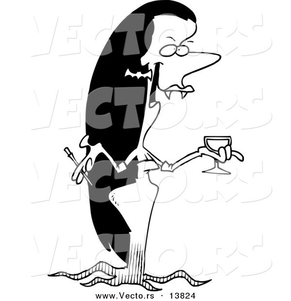 Vector of a Cartoon Vampiress Holding a Glass of Blood and Cigarette - Coloring Page Outline