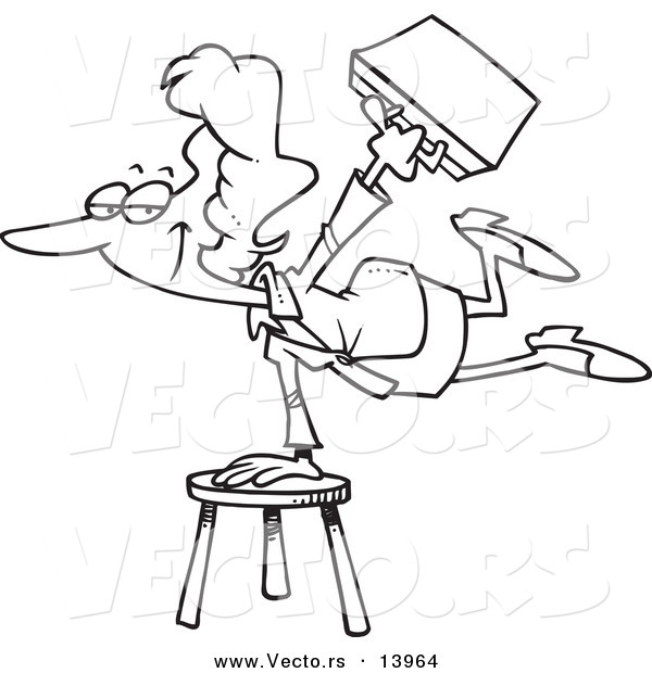 Vector of a Cartoon Versatile Businesswoman Balancing on a Stool - Coloring Page Outline