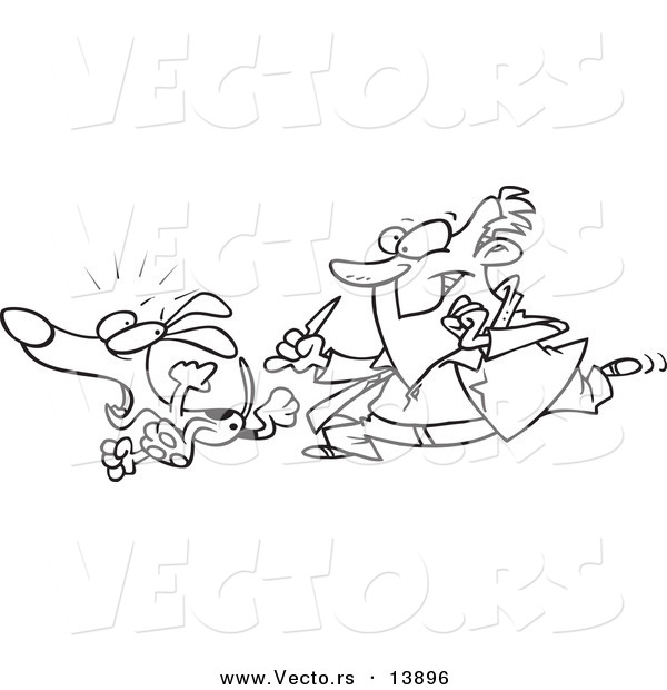 Vector of a Cartoon Vet Chasing a Dog for a Neuter Surgery - Coloring Page Outline