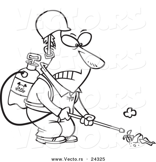 Vector of a Cartoon Victorious Weed Killer Black and White Outline - Outlined Coloring Page