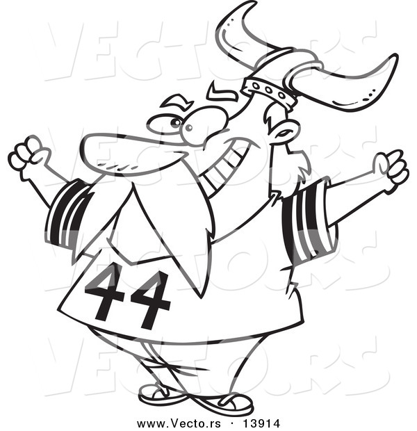Vector of a Cartoon Viking Fan Wearing a Helmet and Cheering - Coloring Page Outline