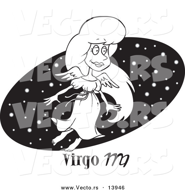 Vector of a Cartoon Virgo Woman over a Black Starry Oval - Coloring Page Outline