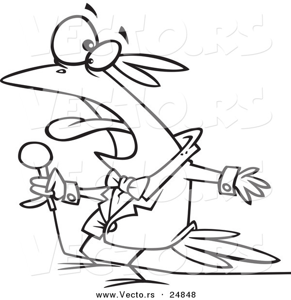 Vector of a Cartoon Vocal Singing Bird Holding a Microphone - Outlined Coloring Page