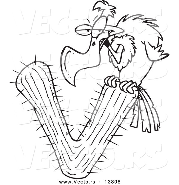 Vector of a Cartoon Vulture Perched on a Letter V Cactus - Coloring Page Outline