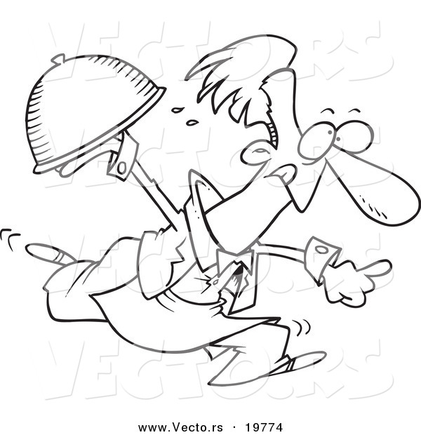Vector of a Cartoon Waiter Serving Fast Food - Outlined Coloring Page