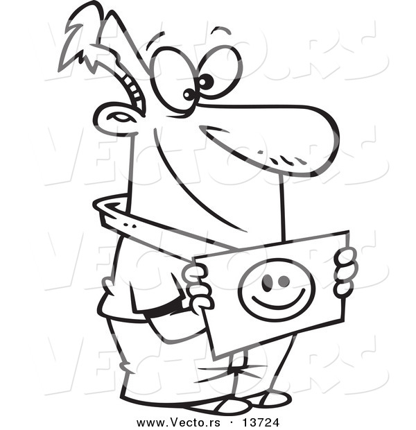 Vector of a Cartoon Waiting Man Holding a Smiley Face Welcome Sign - Coloring Page Outline