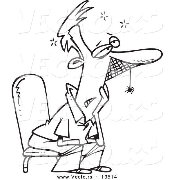 Vector of a Cartoon Waiting Man with Spider Webs - Coloring Page Outline