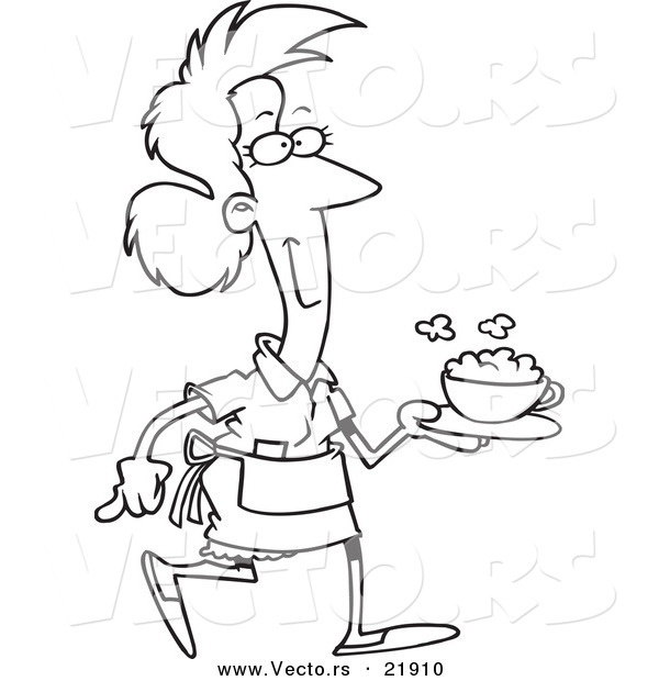 Vector of a Cartoon Waitress Serving Cappuccino - Outlined Coloring Page