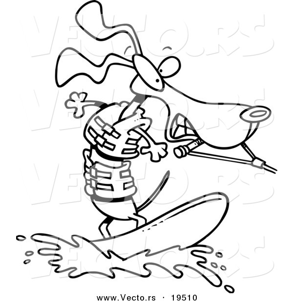 Vector of a Cartoon Wakeboarding Wiener Dog - Outlined Coloring Page