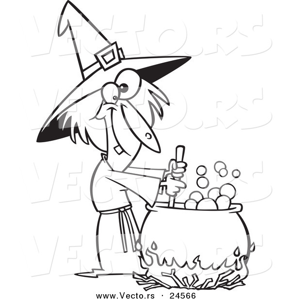 Vector of a Cartoon Warted Witch Stirring Her Potion - Outlined Coloring Page