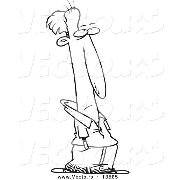 Vector of a Cartoon Wary Man Standing with His Hands in His Pockets - Coloring Page Outline