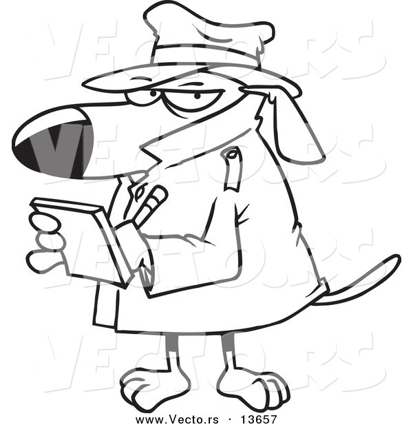 Vector of a Cartoon Watch Dog Detective Taking Notes - Coloring Page Outline