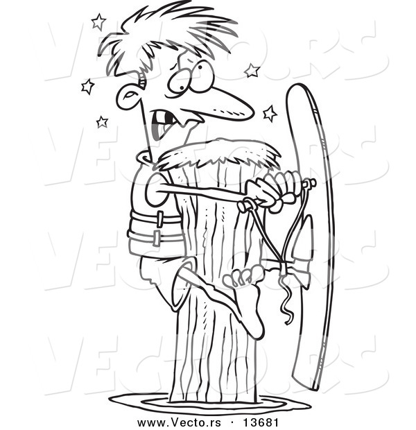 Vector of a Cartoon Waterskier Hitting a Post - Coloring Page Outline