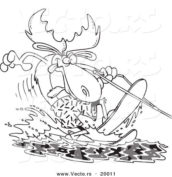 Vector of a Cartoon Waterskiing Moose - Outlined Coloring Page