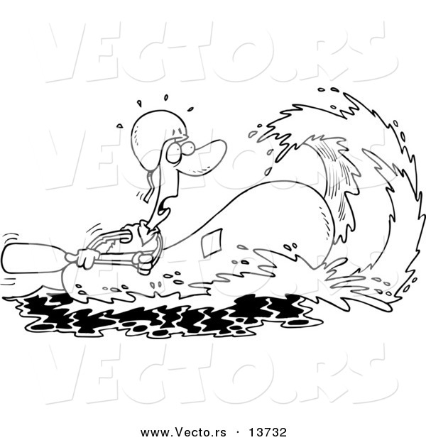Vector of a Cartoon Wave Rushing Towards a White Water Rafter - Coloring Page Outline