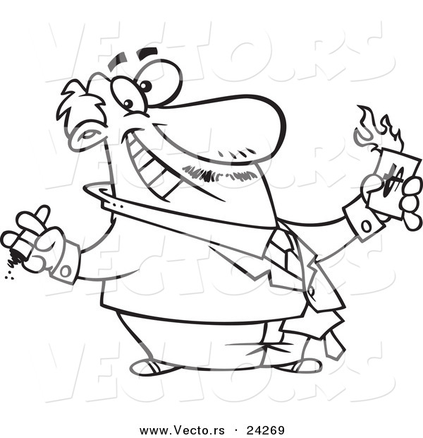 Vector of a Cartoon Wealthy Businessman Burning Money - Outlined Coloring Page