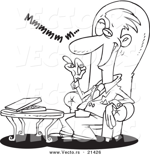 Vector of a Cartoon Wealthy Man Eating Chocolates - Outlined Coloring Page