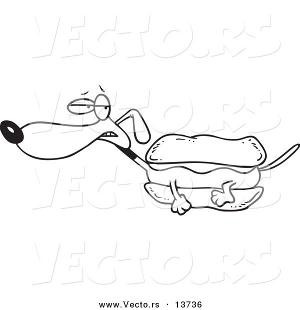 Vector of a Cartoon Weiner Dog with Mustard in a Bun - Coloring Page Outline