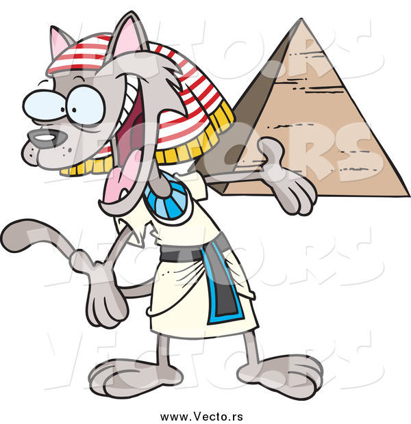 Vector of a Cartoon Welcoming Egyptian Cat Presenting a Pyramid