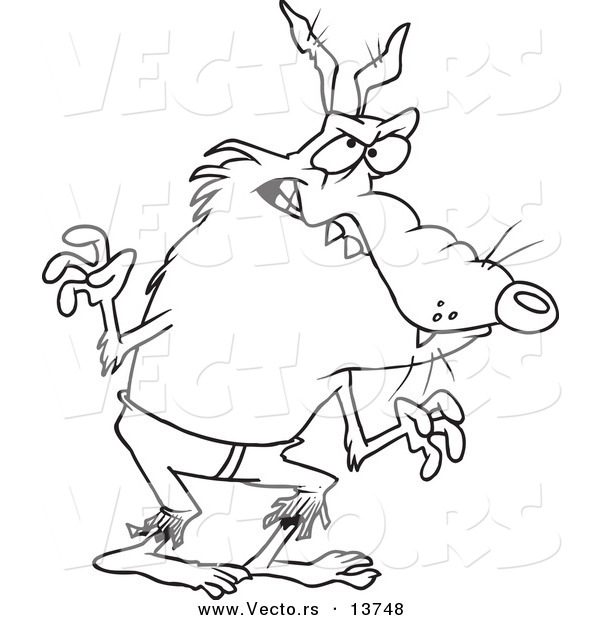 Vector of a Cartoon Werewolf in Ragged Pants - Coloring Page Outline
