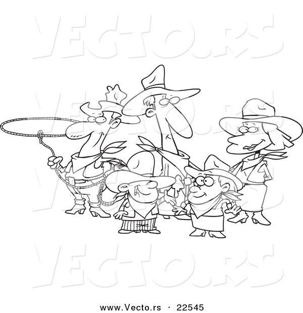 Vector of a Cartoon Western Cowboy Family - Coloring Page Outline