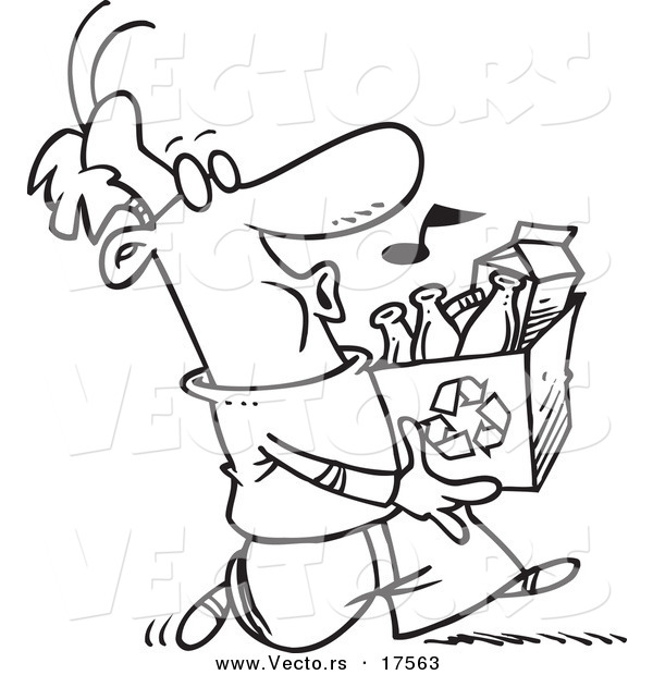 Vector of a Cartoon Whistling Man Carrying a Carton to a Recycle Center - Coloring Page Outline