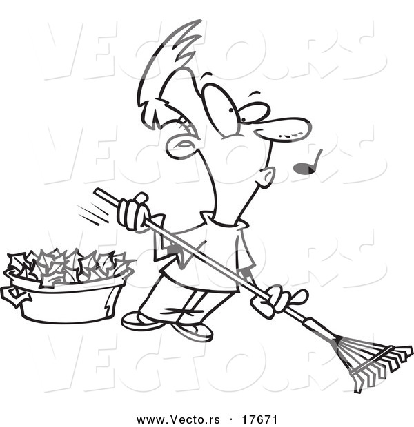 Vector of a Cartoon Whistling Man Raking Leaves - Coloring Page Outline