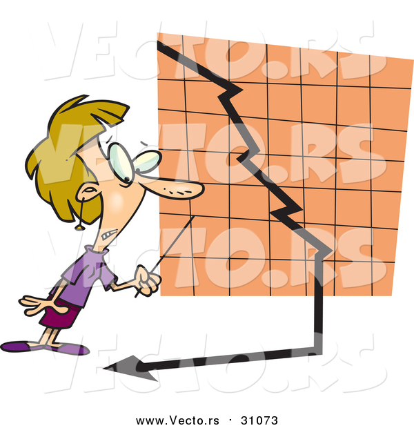 Vector of a Cartoon White Blond Businesswoman Watching a down Turn Arrow